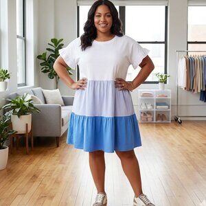 J.Crew XXL Colorblock Tiered Mini Dress Blue White Short Ruffle Sleeve Size XXL